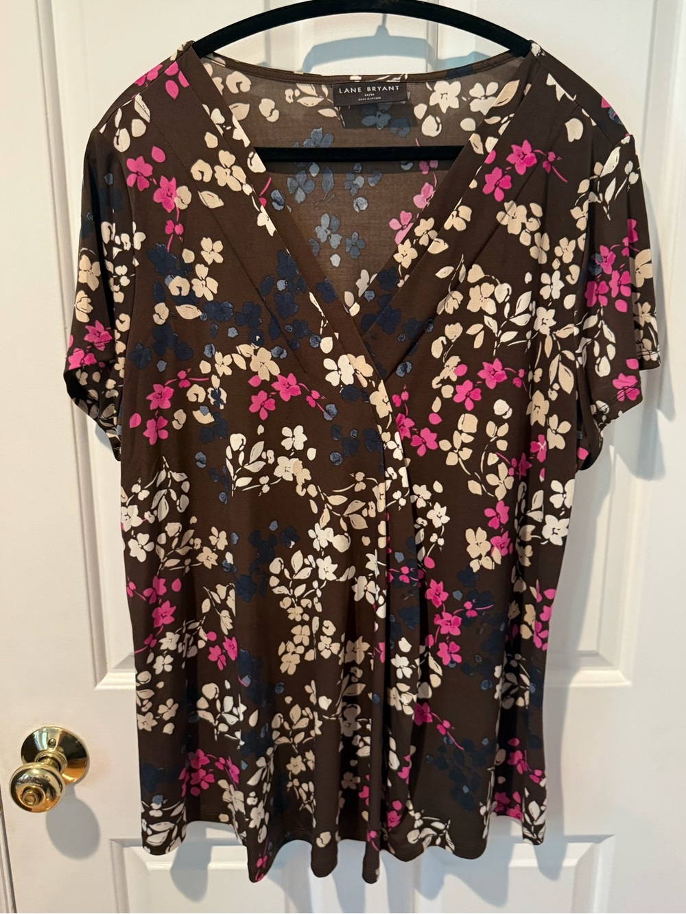 Lane Bryant Brown Floral V-Neck Short Sleeve Top 14/16
